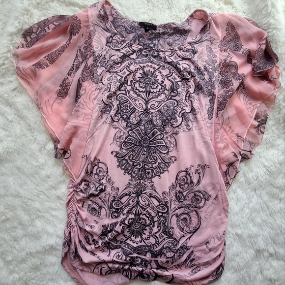 Espresso butterfly sheer sleeve blouse, gathered side, pink with gray design, md - Picture 2 of 8